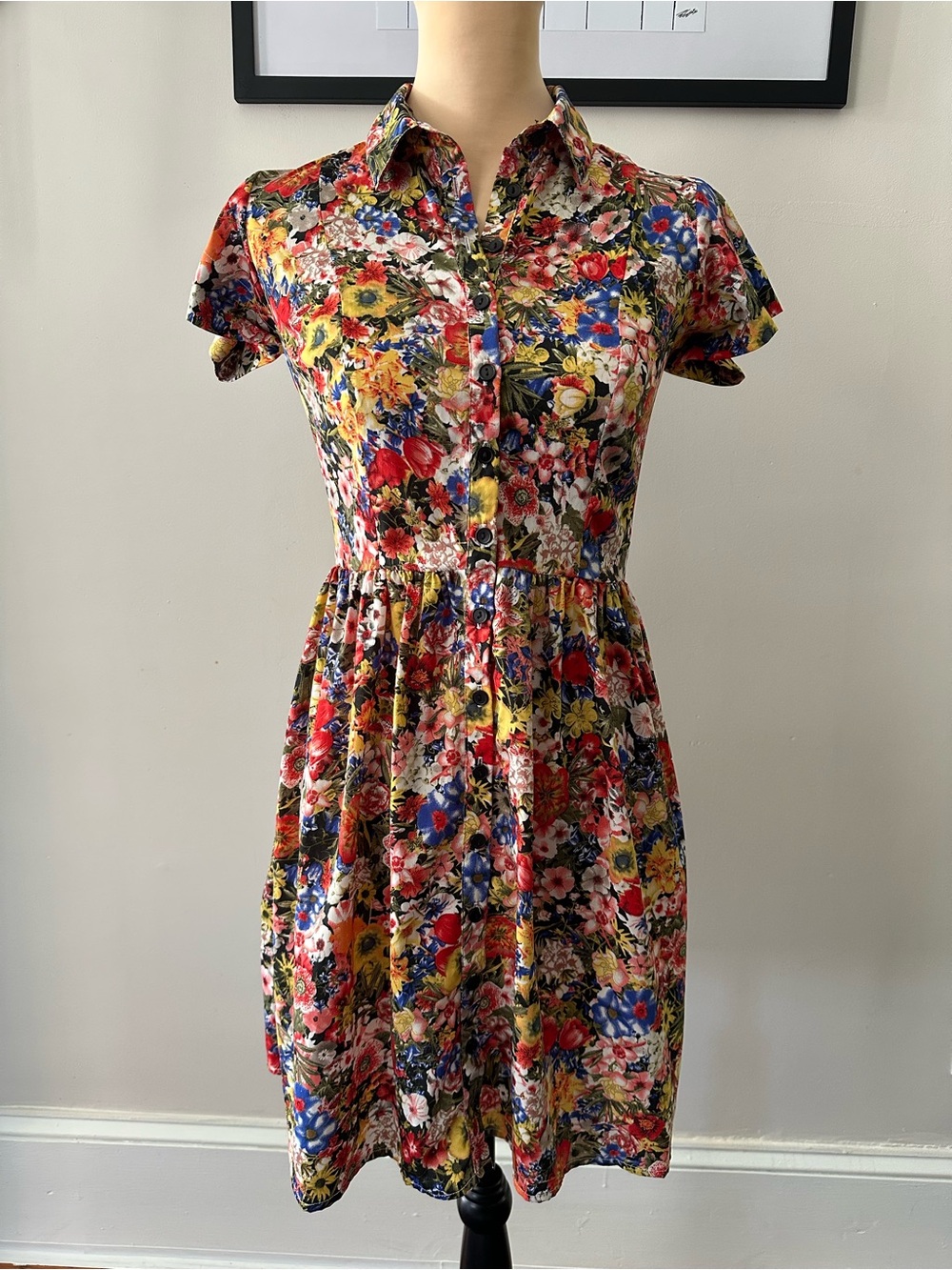 Bar III Multicolor Floral Button Front Collared Fit & Flare Shirt Dress S